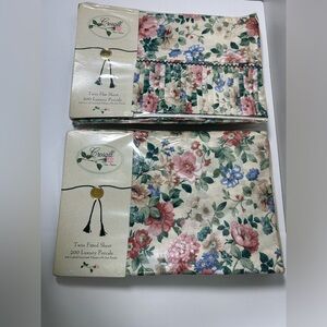 Vintage CROSCILL Floral Twin Flat & Fitted Sheet Ruffle Set 200 Luxury Percale